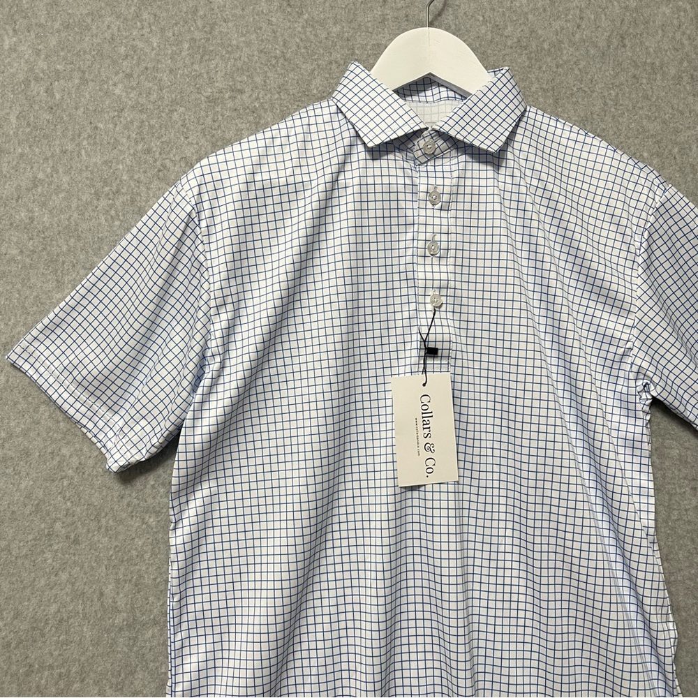 Collars & Co. Dress Collar Polo NWT Size Medium White Blue Check Short Sleeve - Picture 4 of 11